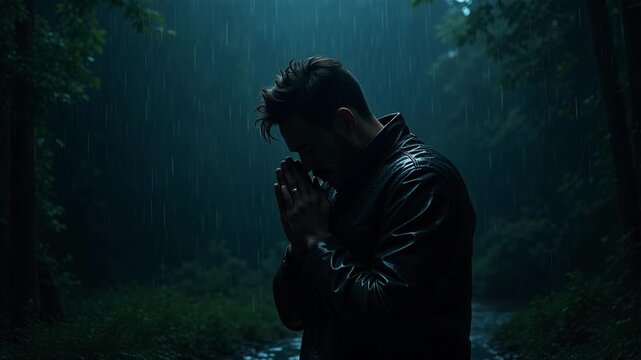 Silhouette of a man standing in the rain, praying for hope and peace. Dramatic 4K video footage evoking faith, resilience, and spiritual reflection.
