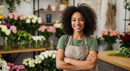 Smiling African American woman entrepreneur confidently stands in her vibrant flower shop, surrounded by an abundance of fresh colorful roses and fragrant bouquets