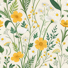 Field flower pattern with buttercups, tiny daisies, and grass sprigs, nature-inspired seamless design