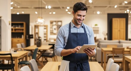 Smiling professional in a stylish striped apron happily uses a digital tablet, efficiently managing customer interactions within a bright, modern retail or hospitality establishment