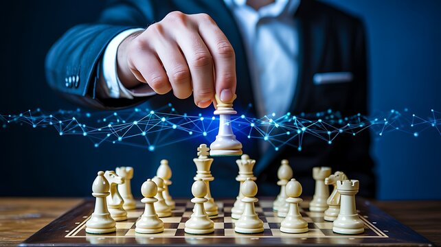 Businessman making strategic move on chessboard with digital network effect