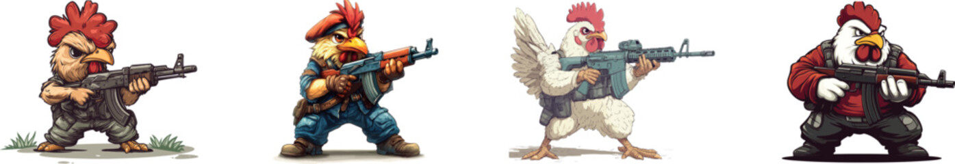 An Ak-47-toting cartoon chicken, consumed by rage, is illustrated in a sleek modern style with simple gradients, all contained within one layer