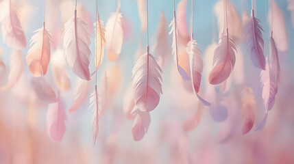 Dreamy Pastel Feather Mobile: Soft Focus Hanging Feathers in Pink, Blue, and Peach for Calming and Serene Backgrounds