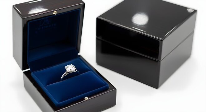 Diamond ring box open and closed diamond ring boxes with soft velvet interior, high-end photography on white.