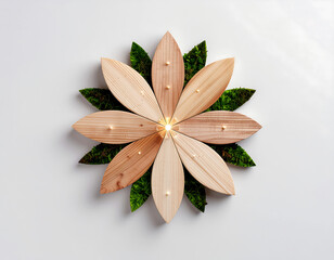 Wooden flower decoration with green moss petals and small lights creating natural and eco friendly ambiance on white background