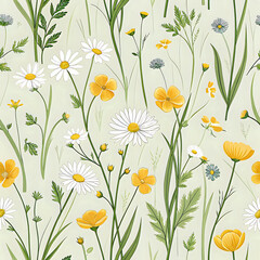 Field flower pattern with buttercups, tiny daisies, and grass sprigs, nature-inspired seamless design