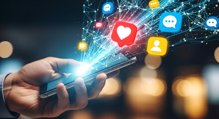 Social Media Networking Digital Marketing Male Hand Smartphone Vertical Copy Space