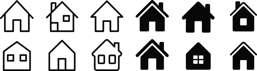 Set of house icons, vector home symbol collection, black silhouette and outline graphic, isolated real estate button elements.