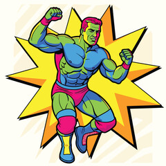 A vibrant illustration of a muscular wrestler in a dynamic pose with a starburst background.