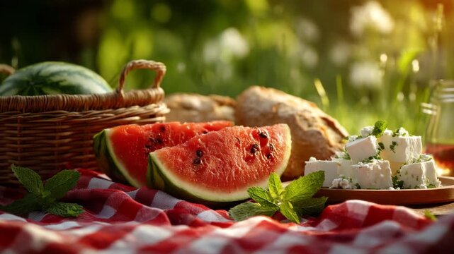 Summer picnic with fresh watermelon and cheese. Vibrant colors enhance outdoor dining experience. Relaxation, joy, and delicious food create perfect atmosphere.