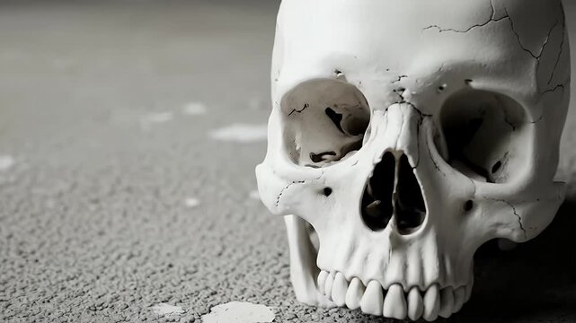A dramatic close-up of a cracked human skull resting on a rough, gray concrete surface. The moody lighting casts deep shadows, emphasizing the macabre and somber tone. This footage is ideal for projec