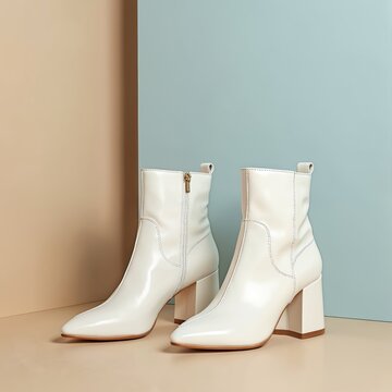 Pair of new white ankle boots with high block heels and pointed toes. Womens fashion footwear with zippers shown on a studio backdrop. Modern elegant shoe design.