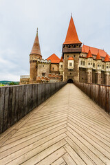 Gothic-Renaissance Corvin Castle ( Hunyadi Castle ). Wooden bridge and main gate.  Hunedoara, Transylvania,  Romania