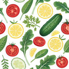 Fresh vegetable pattern with tomatoes, cucumbers, lemons and greens, clean food illustration