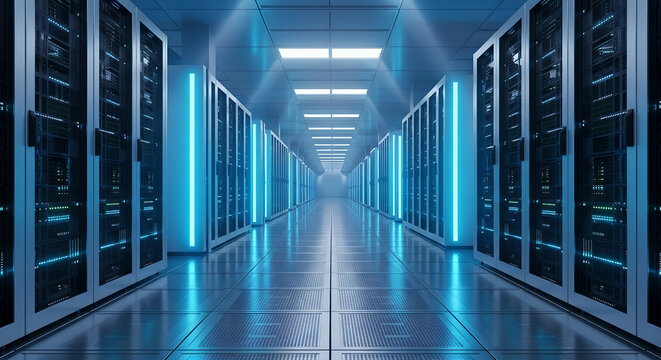Data Center Server Room Network Racks Blue Light Copy Space