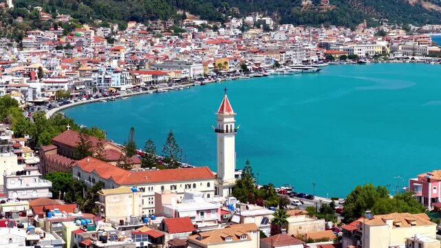 Aerial summer day close-up view of the town and port of Zakynthos island, Ionian Sea, Greece