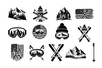 Ski Adventure Mountain Badge Bundle | Winter Sports Goggles Cabin Vintage Vector Set