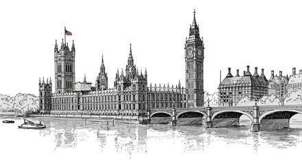 Fototapeta premium hand drawn sketch of londons houses of parliament big ben westminster bridge river thames perfect for uk tourism history.