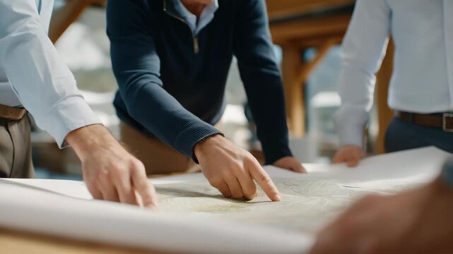 A group of planners and architects presenting a land development proposal at a community meeting, symbolizing transparency, engagement, and responsible urban growth. cinematic color correction,