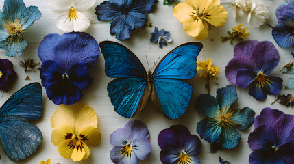 Butterfly amidst vibrant pansies a floral and fauna composition.