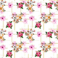 floral pattern, pink roses, peach flowers, gold grid, white background, elegant, seamless, high resolution