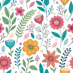 seamless floral pattern, Hand-drawn floral doodle pattern in colorful sketch style, playful seamless background