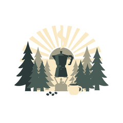 Morning Forest Coffee Ritual with Moka Pot – Minimal Flat Outdoor Vector
