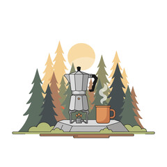 Morning Forest Coffee Ritual with Moka Pot – Minimal Flat Outdoor Vector
