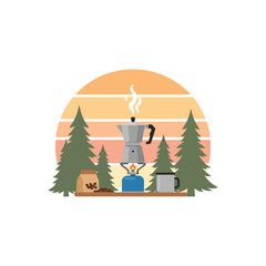 Morning Forest Coffee Ritual with Moka Pot – Minimal Flat Outdoor Vector