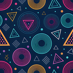 Geometric abstract pattern of circles and triangles in modern neon colors, seamless vector texture