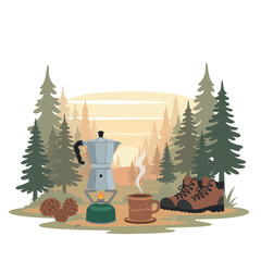Morning Forest Coffee Ritual with Moka Pot – Minimal Flat Outdoor Vector