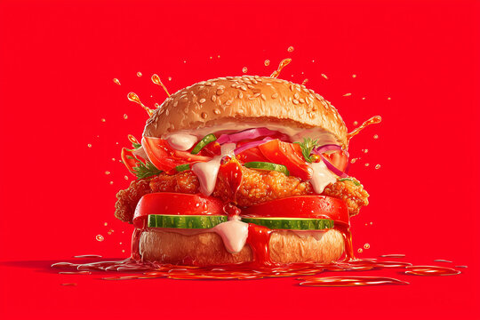 delicious chicken sandwich with fresh vegetables and sauce, set against bright red background, creating appetizing and vibrant visual - Powered by Adobe