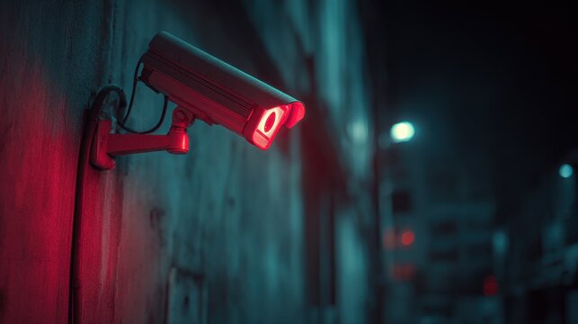 Night Watch: A solitary surveillance camera casts a watchful eye, its crimson gaze piercing the tranquil darkness, symbolizing protection and security.