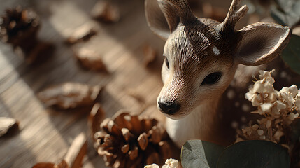 Closeup of a charming deer figurine amidst natural elements.