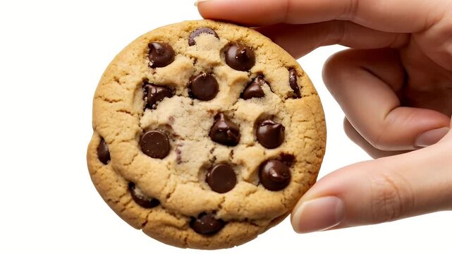 A hand holds a delicious, freshly baked chocolate chip cookie against an isolated white background. The golden-brown biscuit, studded with sweet morsels, is presented to the camera in a tempting close