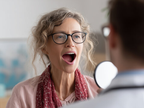 speech therapist is assisting woman with vocal exercises, focusing on mouth movements and pronunciation. session highlights importance of communication skills and therapy