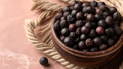 Closeup of a bowl filled with fresh ripe dark berries.