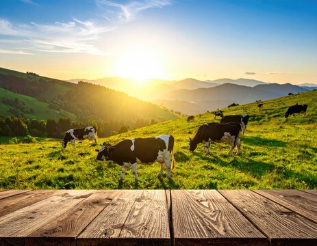 Rustic wooden table over a grassy mountain pasture at sunset with grazing cows