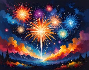 Vivid illustration of colorful fireworks exploding across a night sky above a mountain range and a body of water