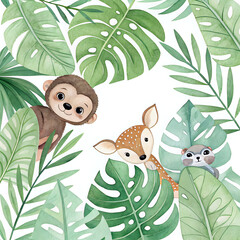 Hand-painted jungle leaves pattern with baby animals hidden between foliage, soft watercolor style