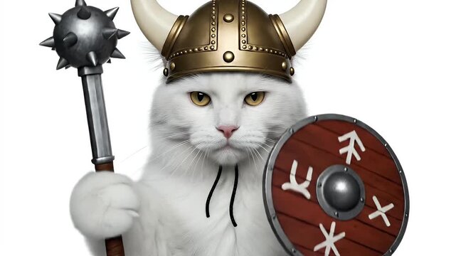 A humorous studio portrait of a fluffy white cat dressed in a fantasy warrior costume. The adorable pet wears a golden horned helmet and holds a round wooden shield and a spiked mace, staring at the c