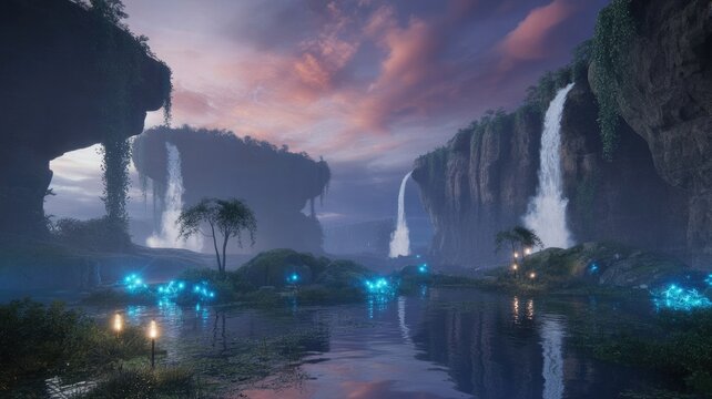 Enchanting mystical waterfall landscape with glowing blue orbs and soft twilight sky
