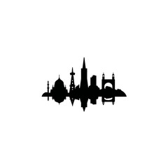 Naklejka premium Silhouette skyline of various city buildings and structures on white