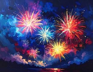 A vibrant artistic depiction of fireworks bursting in a dark sky. Reflecting in a body of water. Colorful explosions light up the night