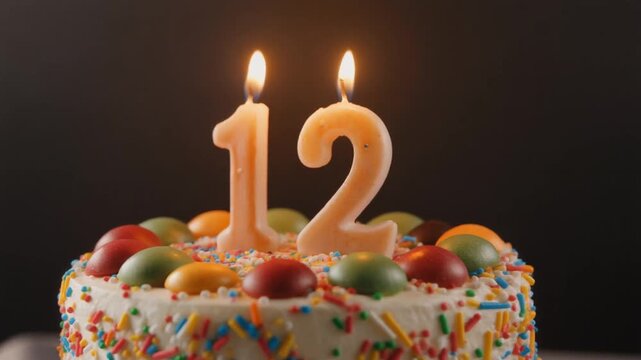 A vibrant birthday cake adorned with bright sprinkles and colorful candies, featuring two illuminated candles shaped like the number twelve, symbolizing a joyful celebration of a special occasion