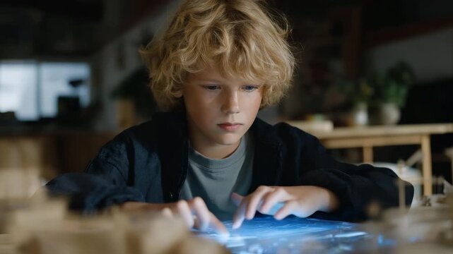 Child building imaginative toy structures with AI companion projecting holographic blueprints &mdash; concept of creative play, STEM education, and futuristic learning through human-AI teamwork.