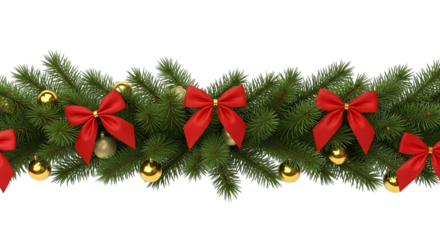 Festive christmas garland with red bows and golden baubles isolated on transparent background