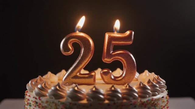 Golden number 25 candles burning brightly on a festive birthday cake with white frosting and sprinkles against a dark background, celebrating a milestone anniversary