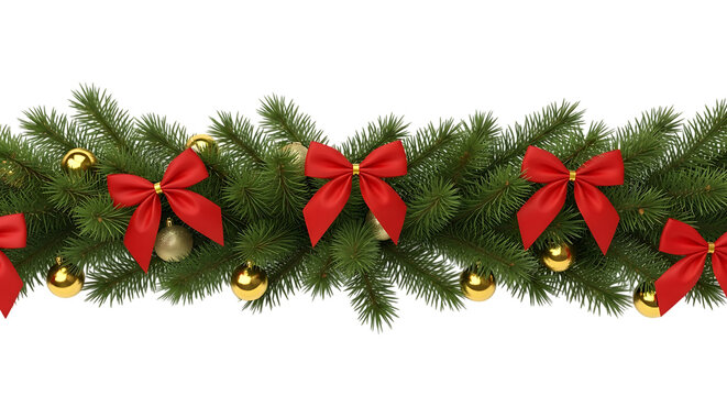 Festive christmas garland with red bows and golden baubles isolated on transparent background - Powered by Adobe