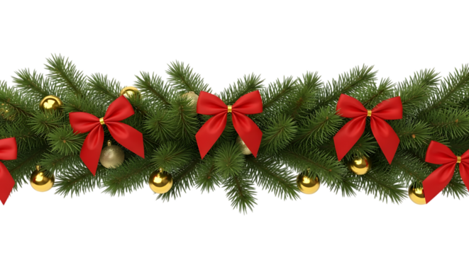 Festive christmas garland with red bows and golden baubles isolated on transparent background